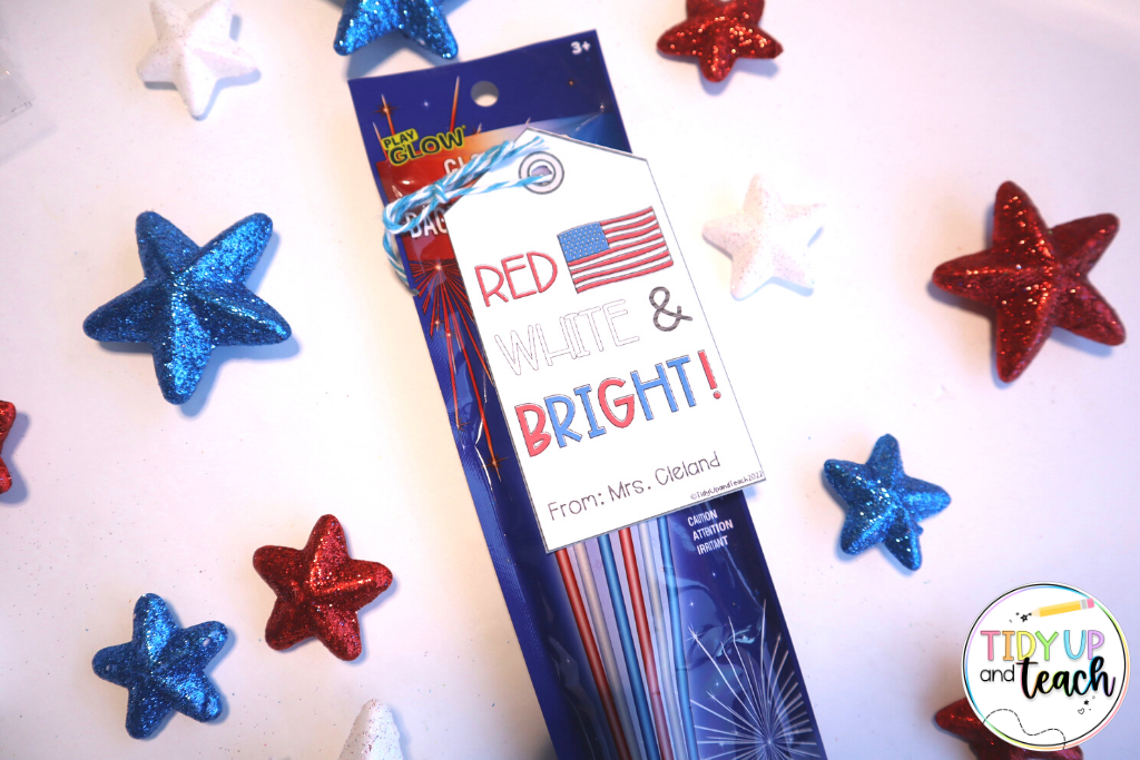 glow wands with 4th of july gift tags for students